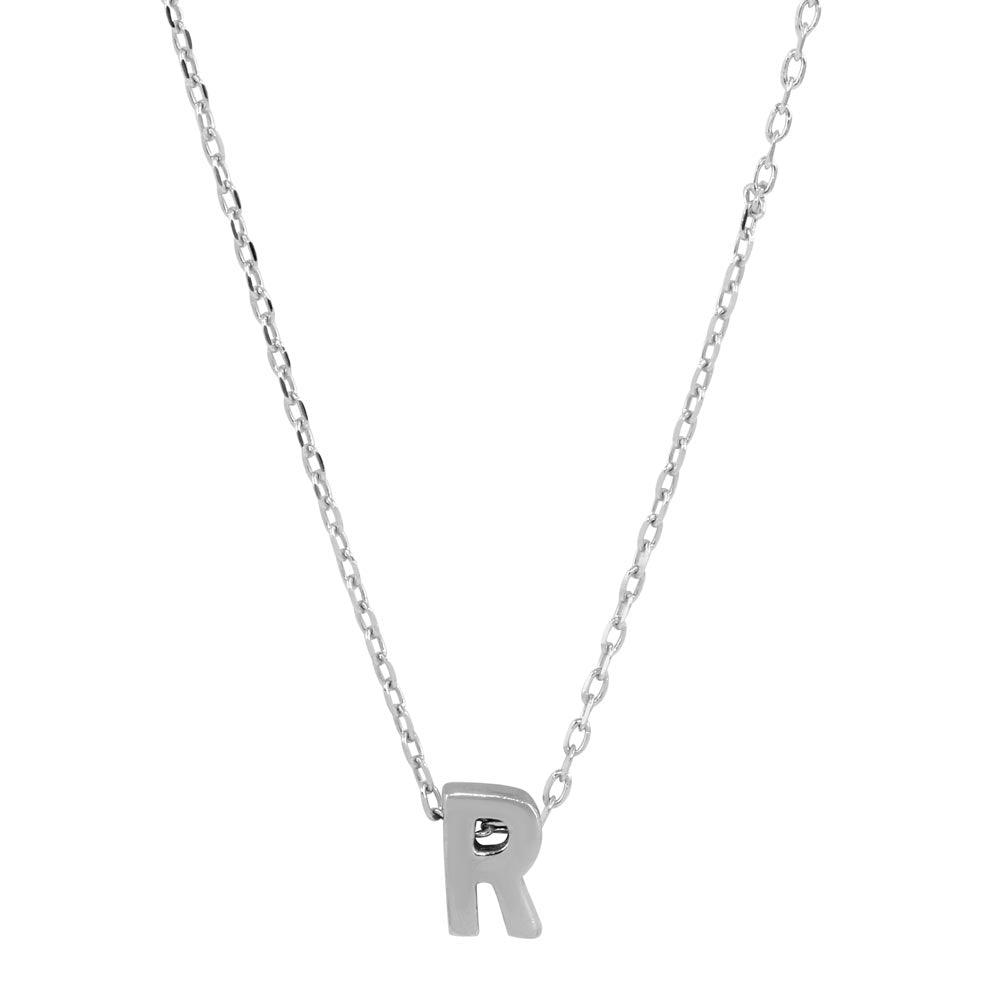 Rhodium Plated 925 Sterling Silver Small Initial R Necklace - JCP00001-R