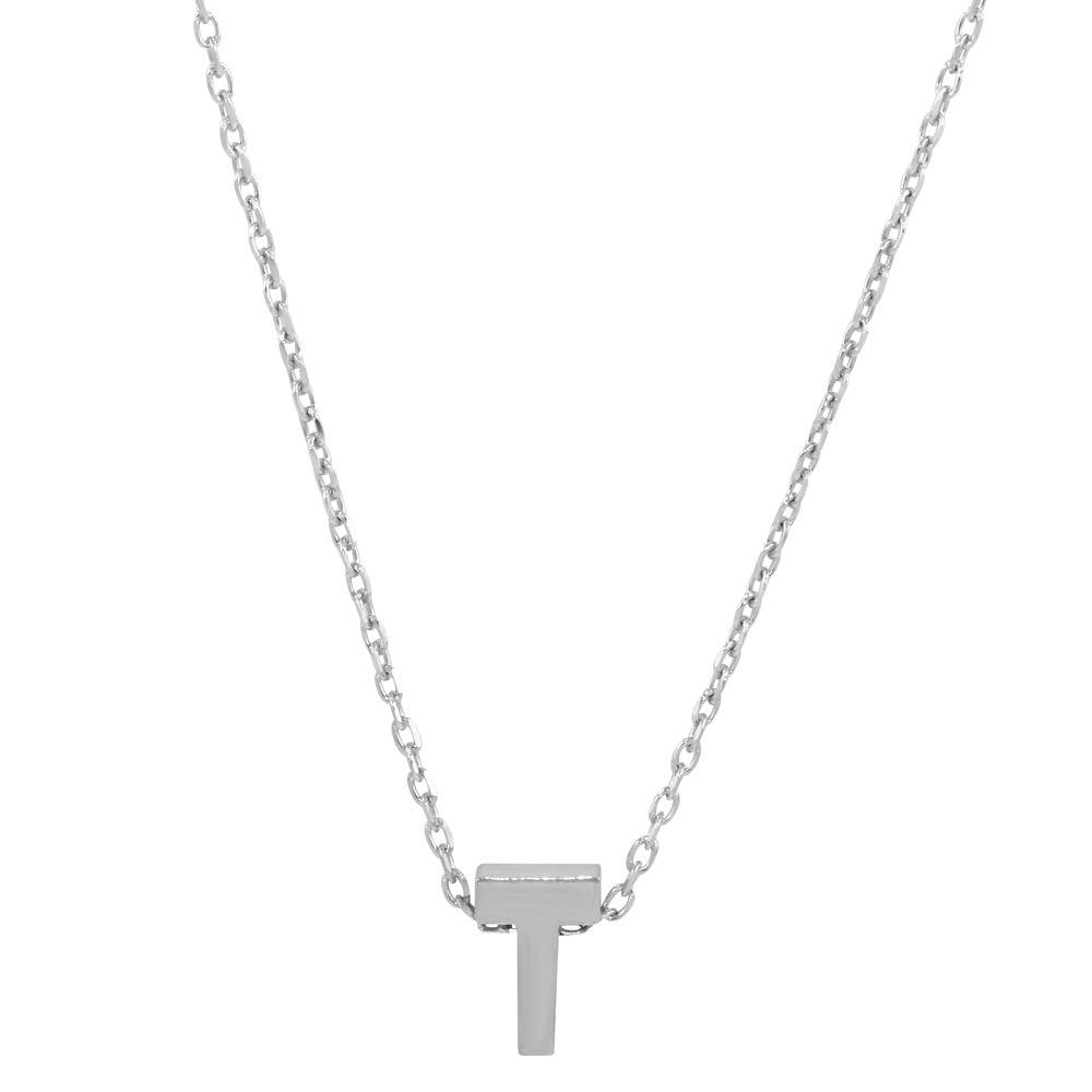 Rhodium Plated 925 Sterling Silver Small Initial T Necklace - JCP00001-T