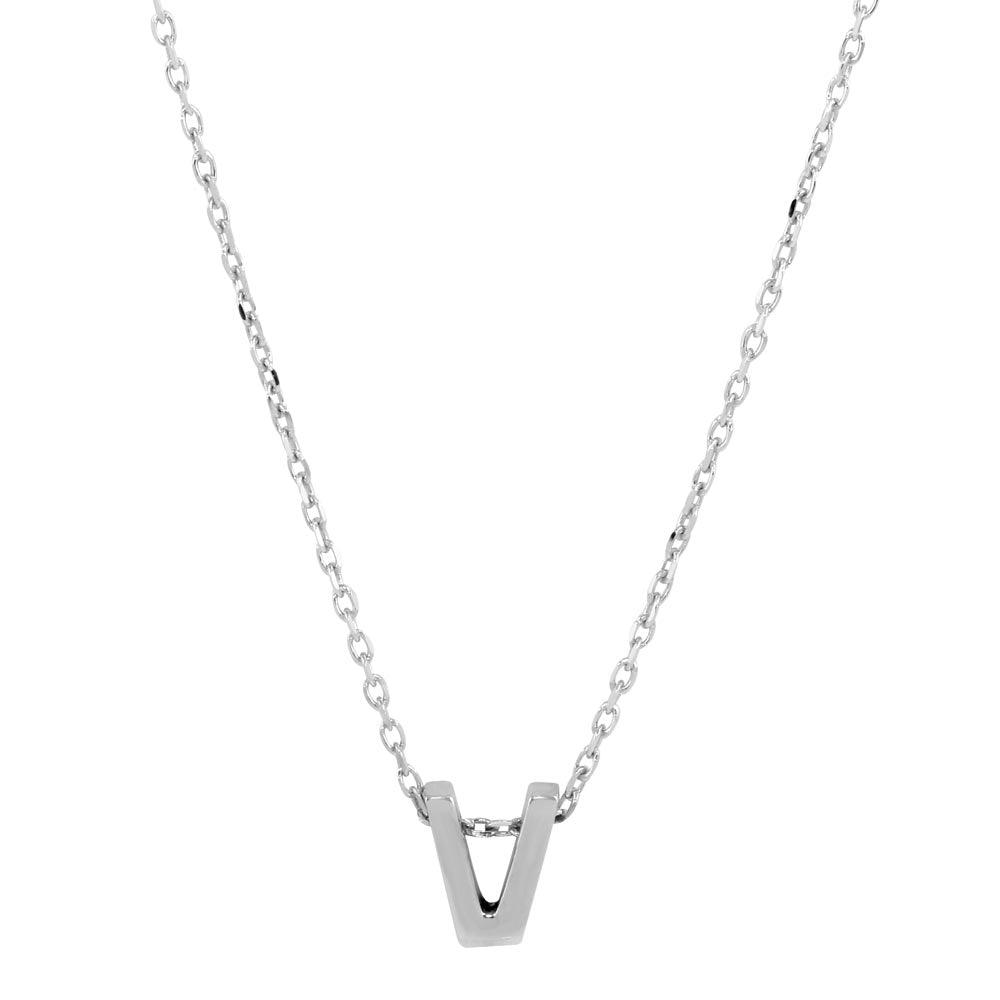 Rhodium Plated 925 Sterling Silver Small Initial V Necklace - JCP00001-V