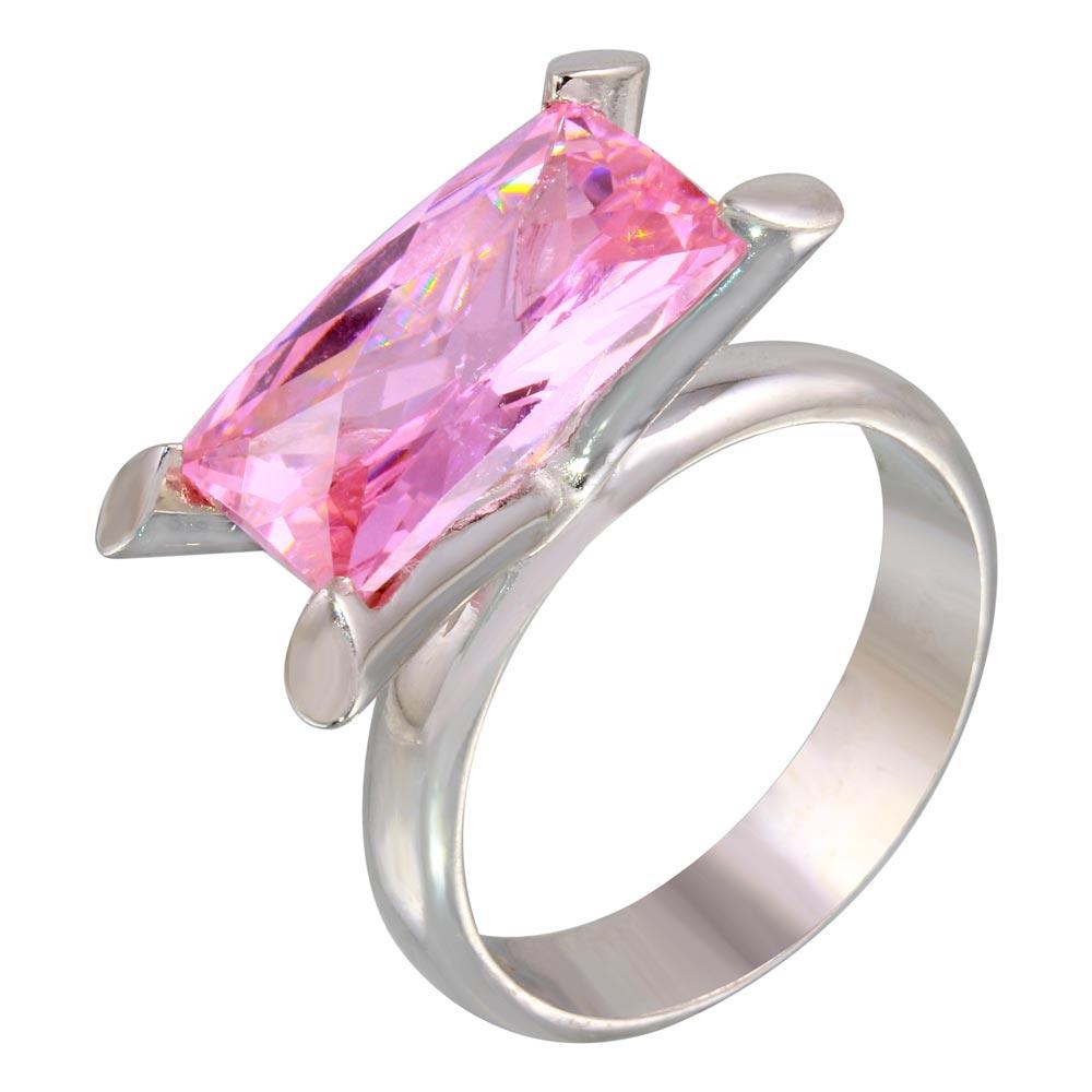 Closeout-Rhodium Plated 925 Sterling Silver Pink Baguette CZ Ring - JSR00006PNK