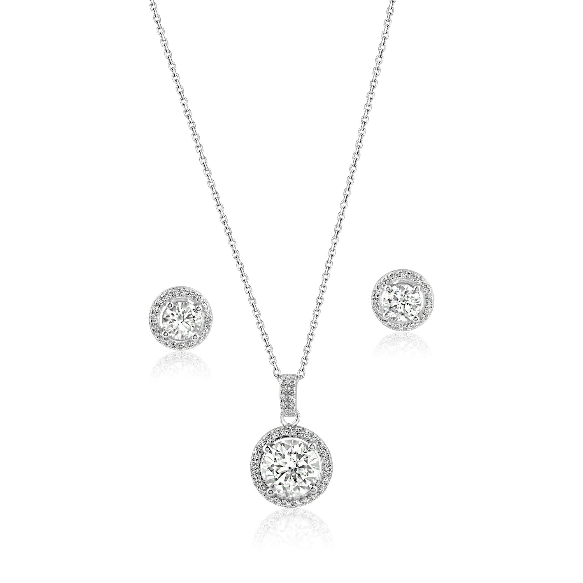 Rhodium Plated 925 Sterling Silver Round Moissanite 0.5 Carat Earring and 2 Carat Necklace Sets - MBGS00001