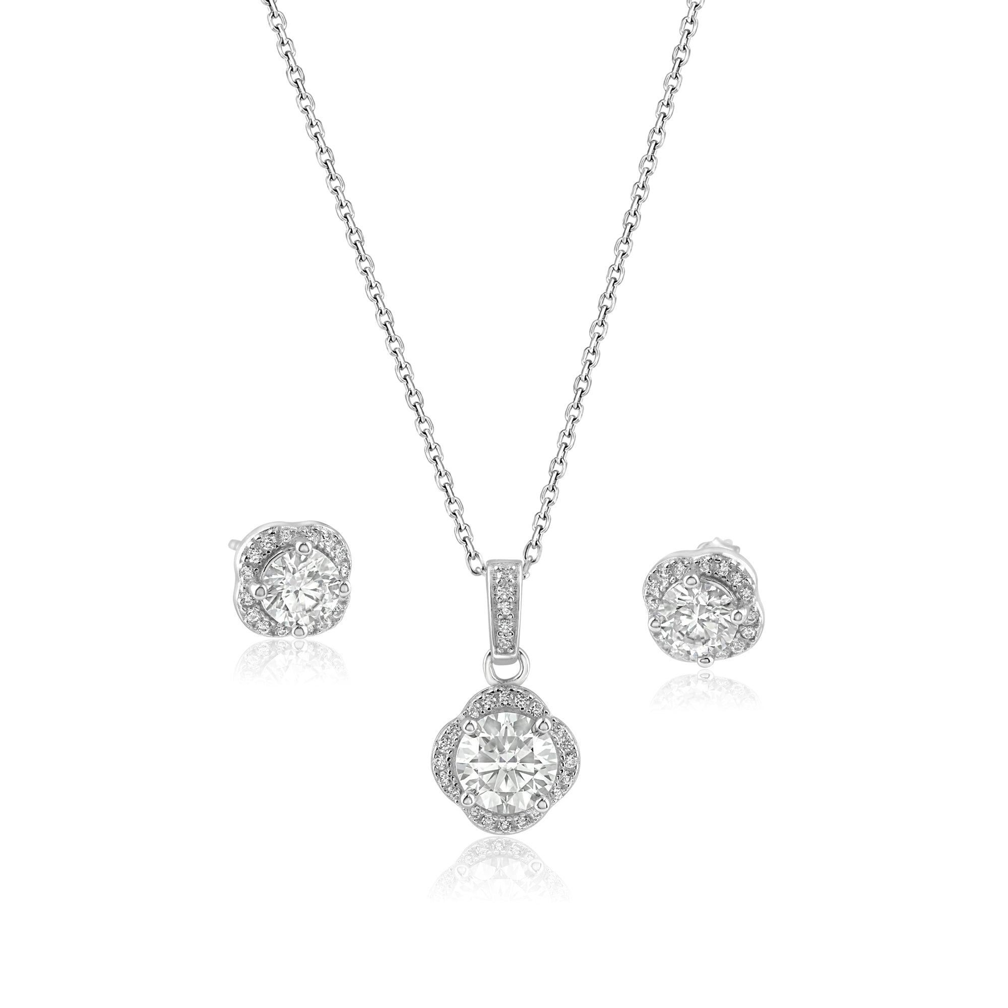 Rhodium Plated 925 Sterling Silver Round Moissanite 0.5 Carat Earring and 1 Carat Necklace Sets - MBGS00002