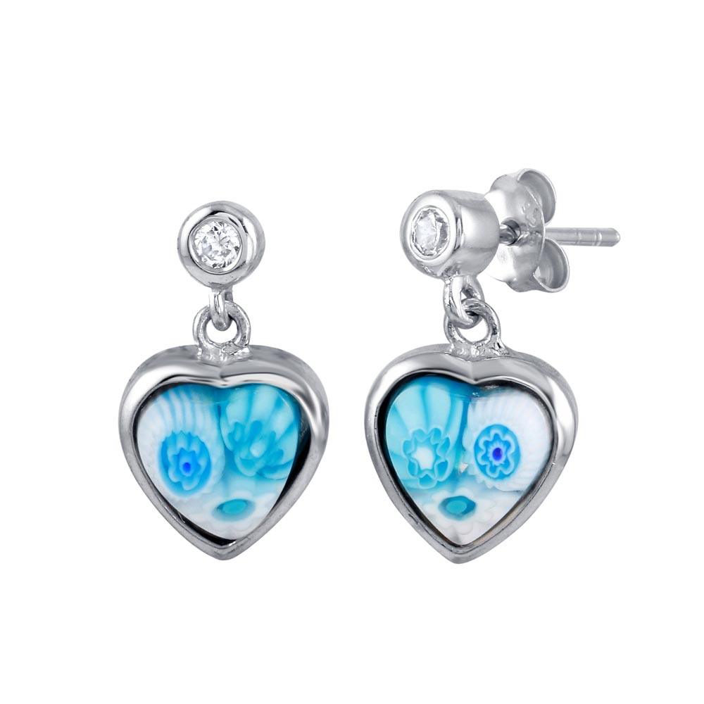 Rhodium Plated 925 Sterling Silver Light Blue Murano Glass CZ Heart Earring - ME00008-LBLUE