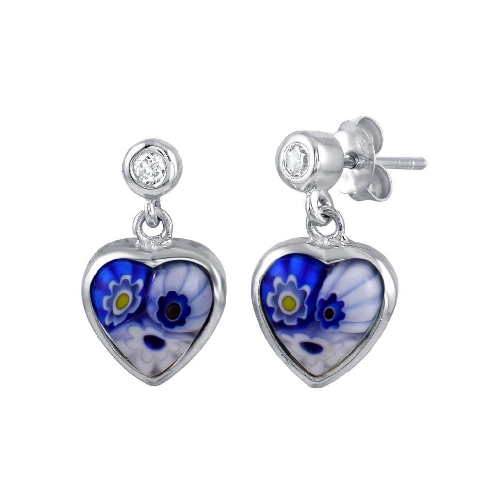 Rhodium Plated 925 Sterling Silver Blue Murano Glass CZ Heart Earring - ME00008-BLUE