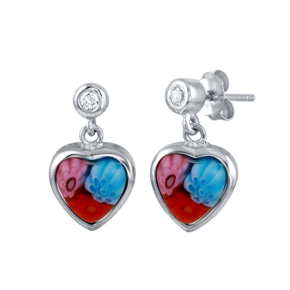 Rhodium Plated 925 Sterling Silver Red Purple and Blue Murano Glass CZ Heart Earring - ME00008