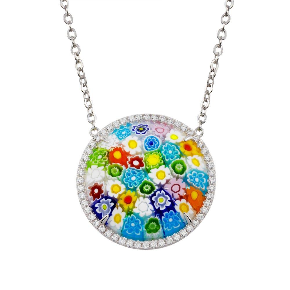 Rhodium Plated 925 Sterling Silver Halo Disc Murano Glass CZ Necklace - MN00003