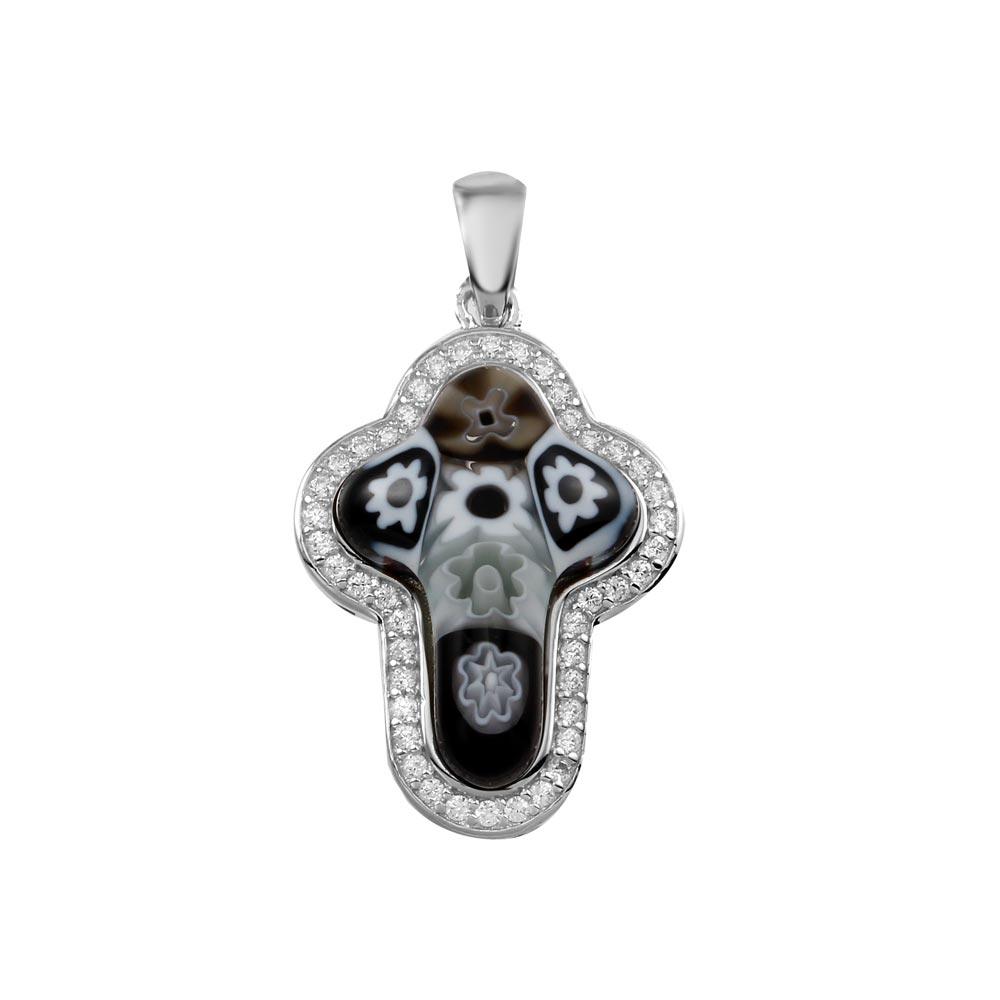 Rhodium Plated 925 Sterling Silver Black Murano Glass Cross CZ Pendant - MP00001BLK