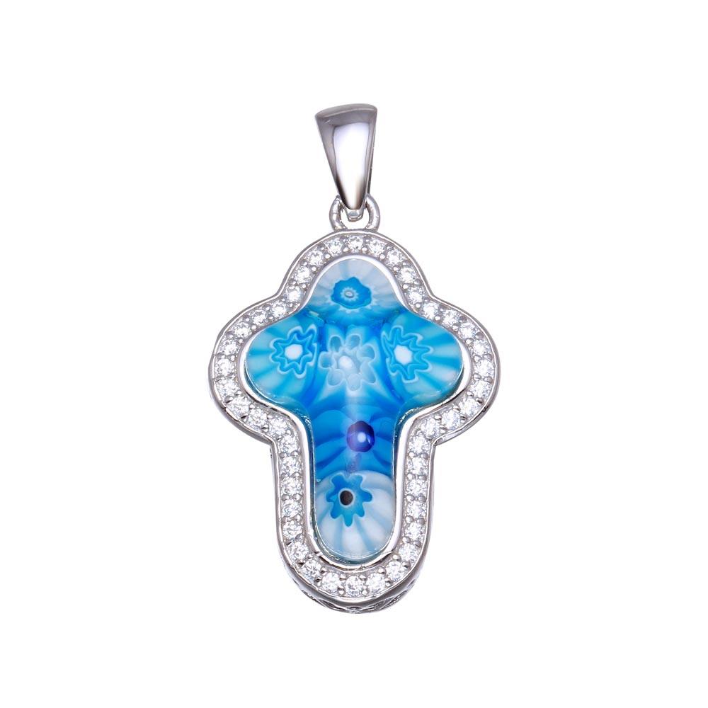 Rhodium Plated 925 Sterling Silver Blue Murano Glass Cross CZ Pendant - MP00001BLU