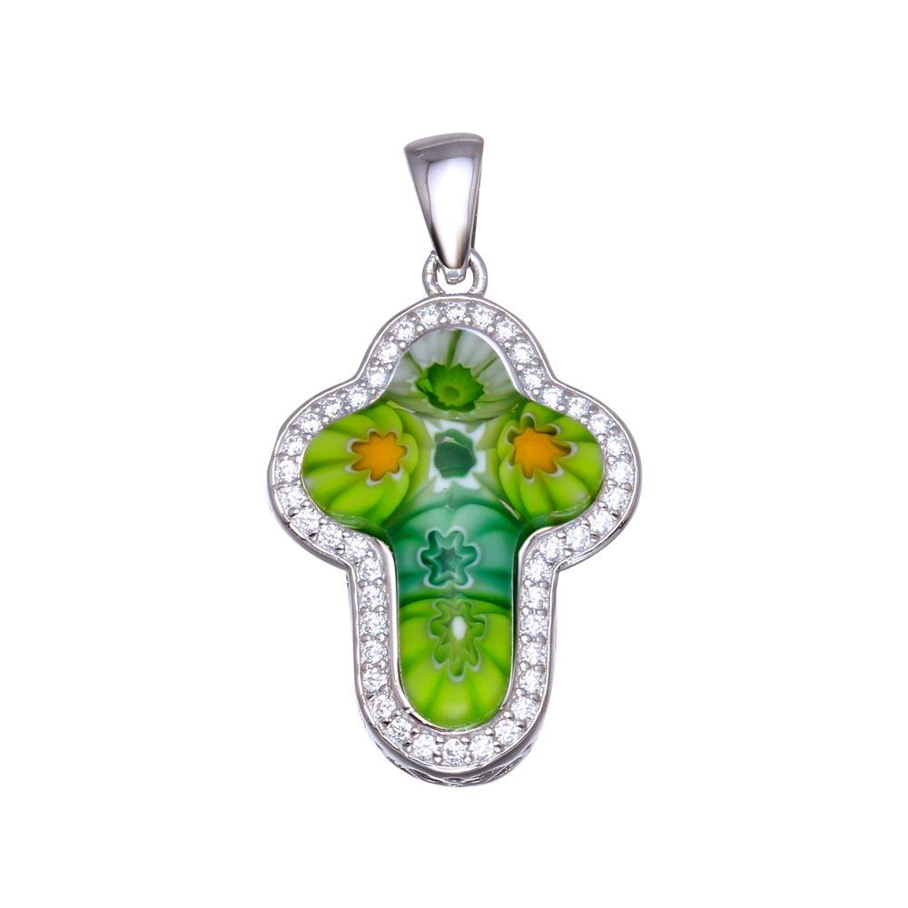 Rhodium Plated 925 Sterling Silver Green Murano Glass Cross CZ Pendant - MP00001GRN