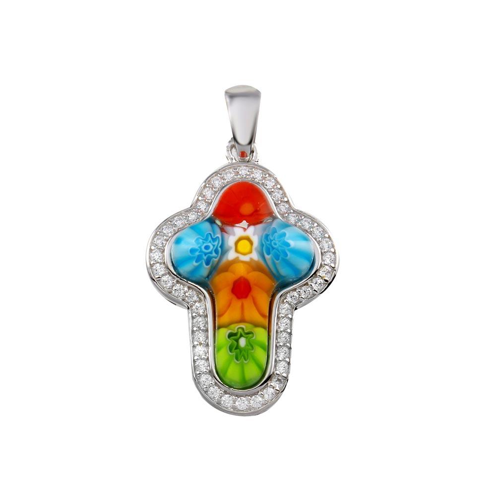 Rhodium Plated 925 Sterling Silver Multicolor Murano Glass Cross CZ Pendant - MP00001MUL