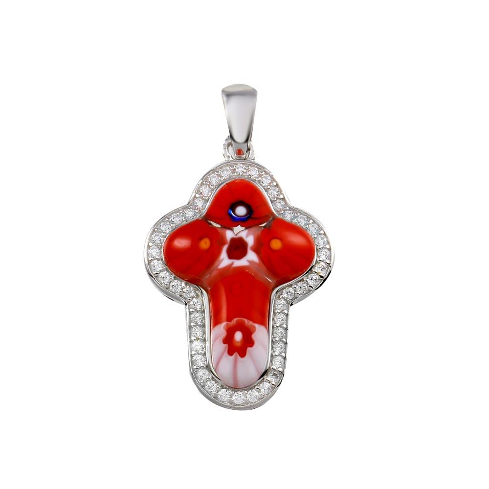 Rhodium Plated 925 Sterling Silver Red Murano Glass Cross CZ Pendant - MP00001RED