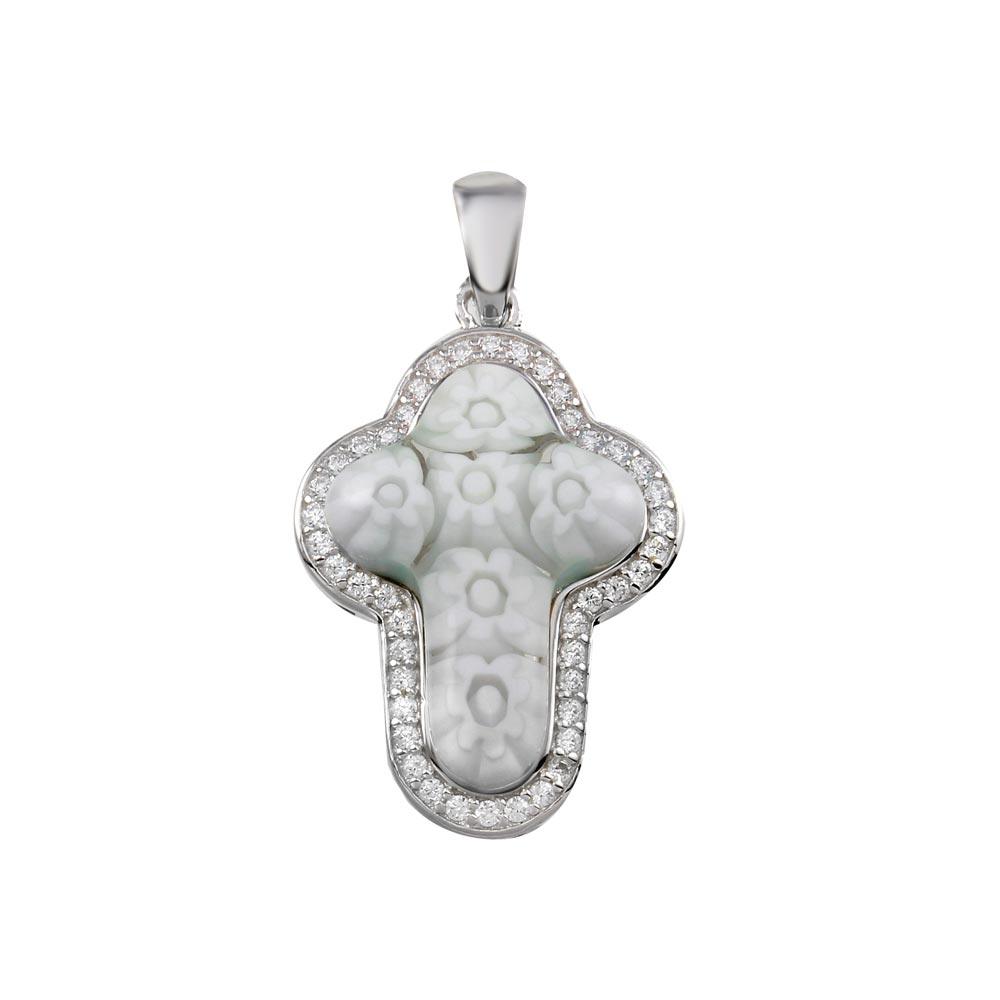 Rhodium Plated 925 Sterling Silver White Murano Glass Cross CZ Pendant - MP00001WHT