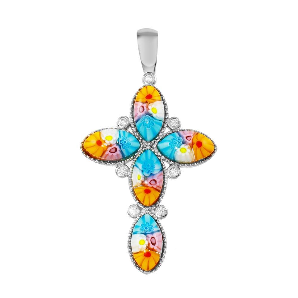 Rhodium Plated 925 Sterling Silver Cross Murano Glass With CZ Pendant - MP00003