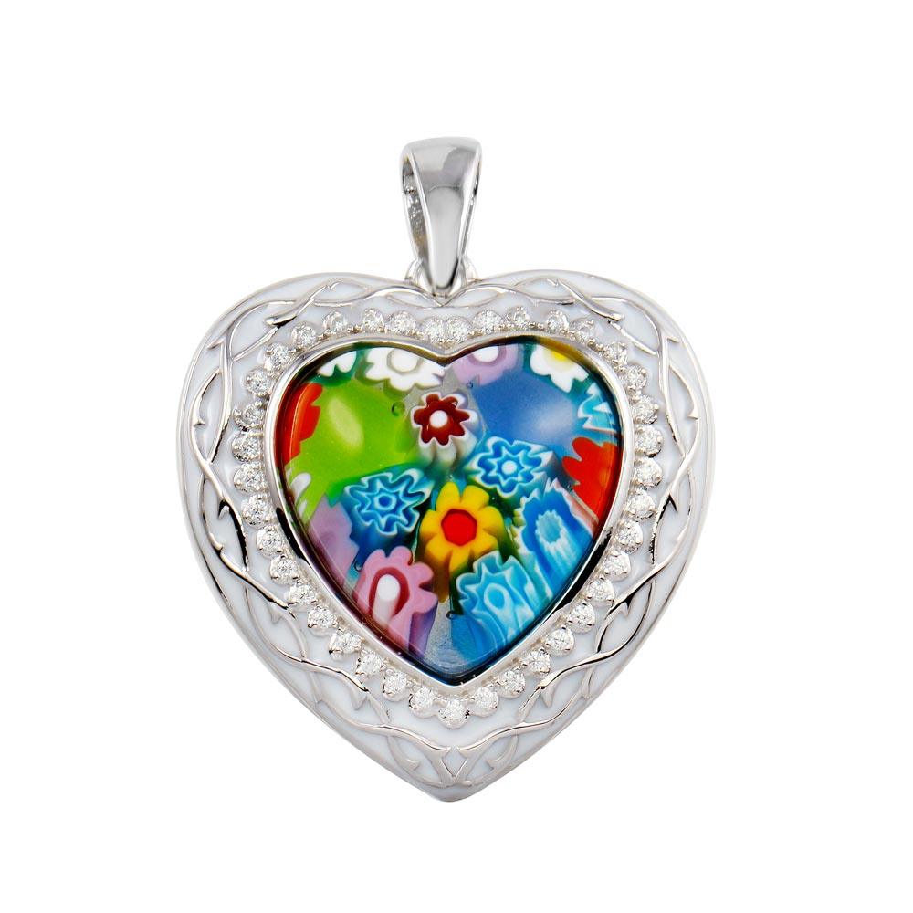 Rhodium Plated 925 Sterling Silver Heart Murano Glass With CZ Pendant - MP00004