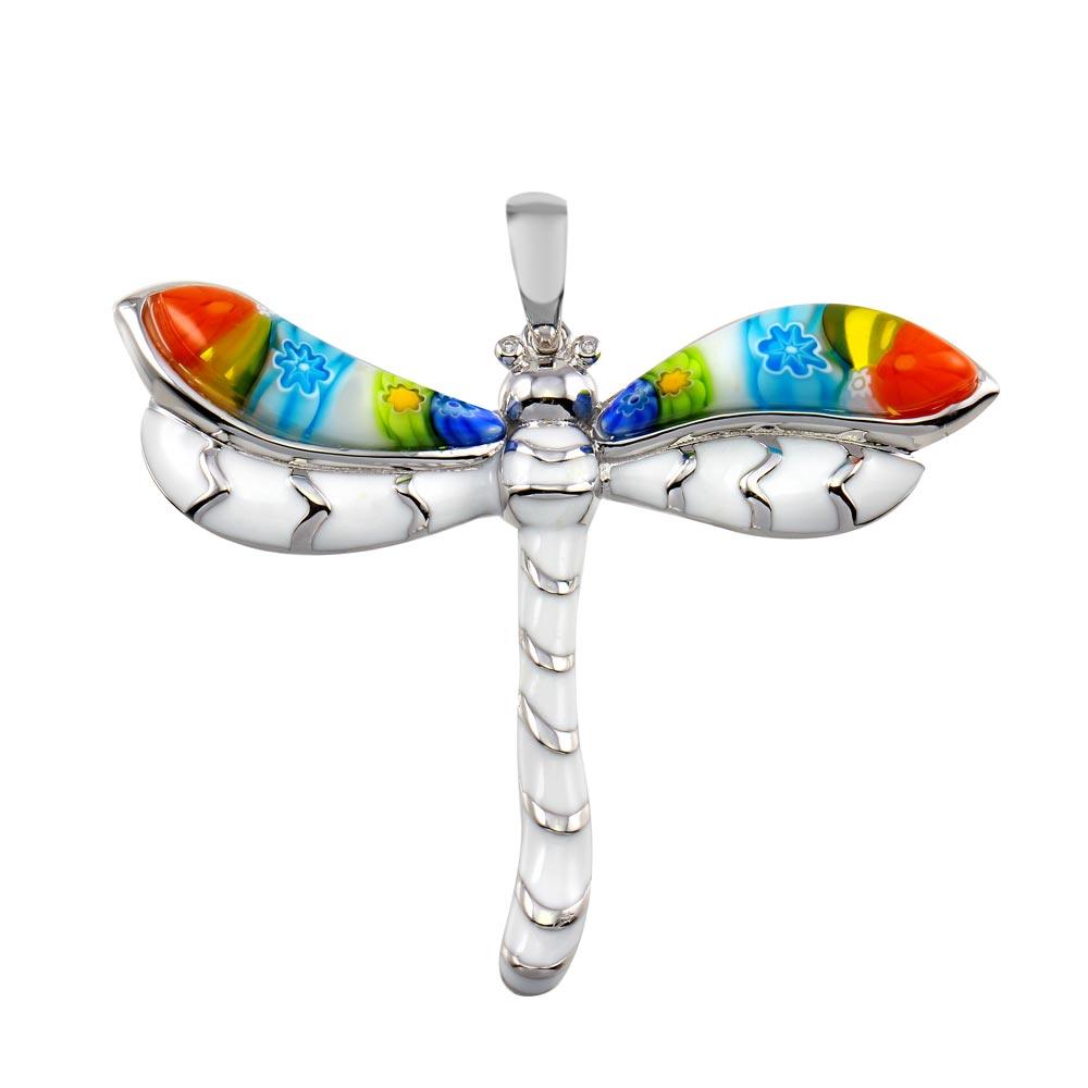 Rhodium Plated 925 Sterling Silver Glass Murano with White Enamel Dragonfly CZ Pendant - MP00005