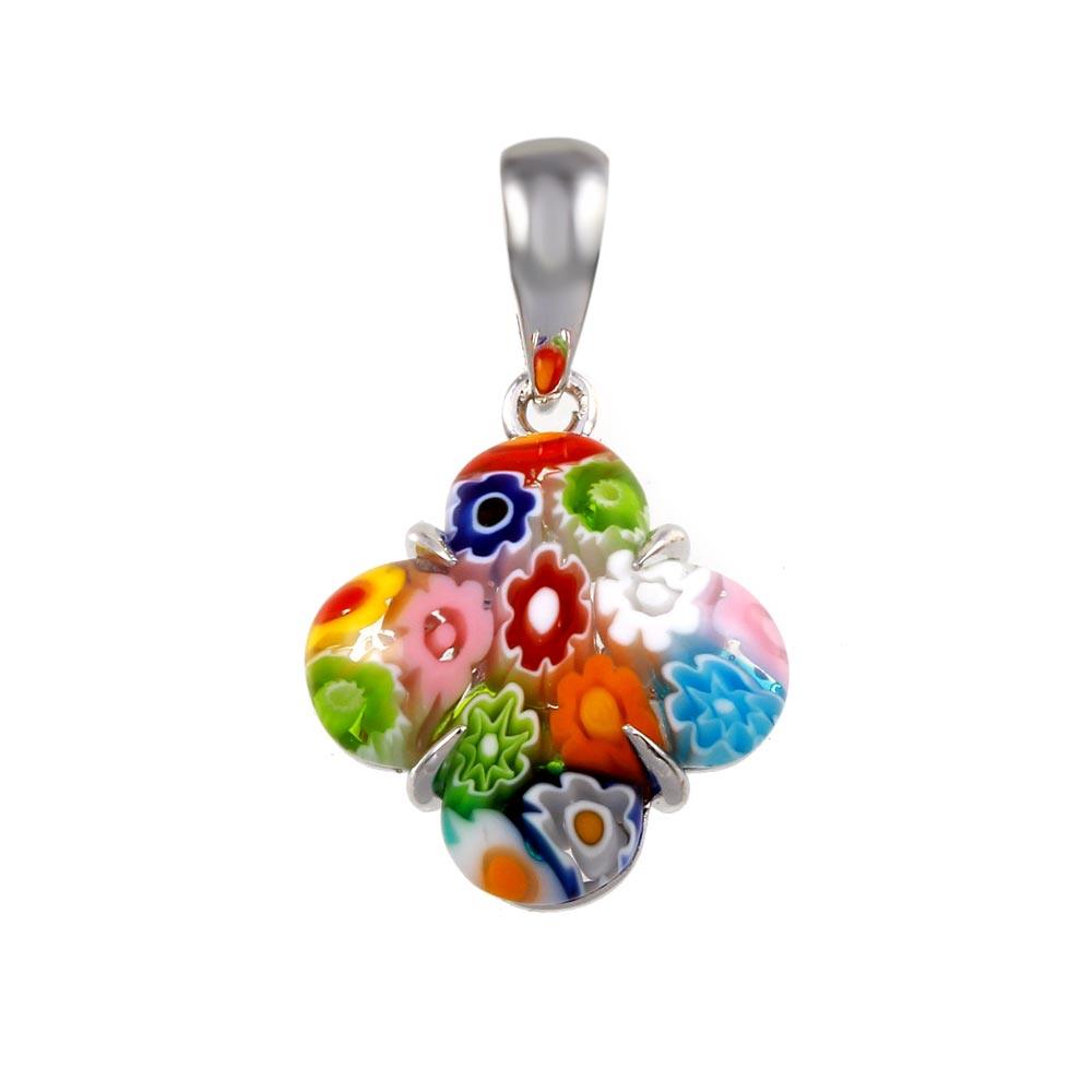 Rhodium Plated 925 Sterling Silver Glass Murano Flower Pendant - MP00006