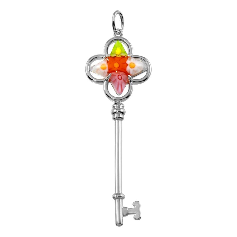 Rhodium Plated 925 Sterling Silver Glass Murano Flower Key Pendant - MP00007