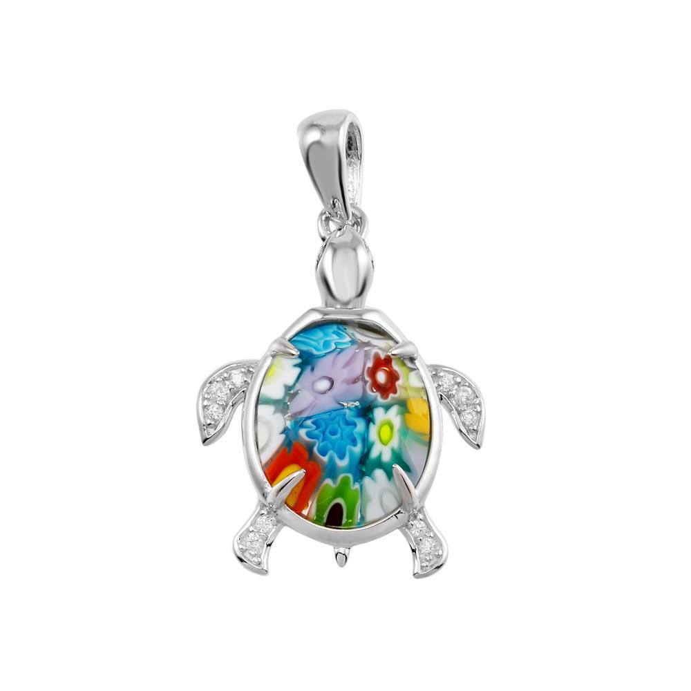 Rhodium Plated 925 Sterling Silver Glass Murano Turtle With CZ Pendant - MP00008