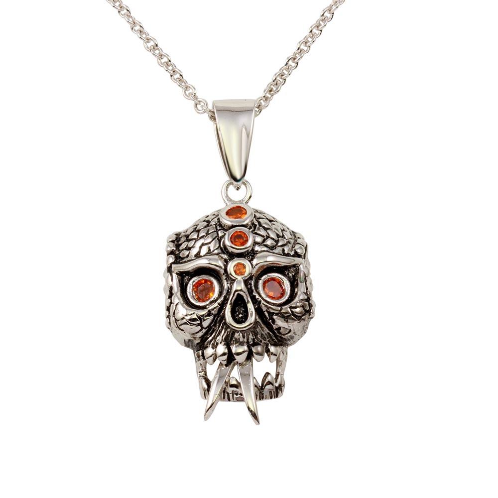 Closeout-Rhodium Plated 925 Sterling Silver Scary Skull Pendant Necklace with Red CZ - N000004