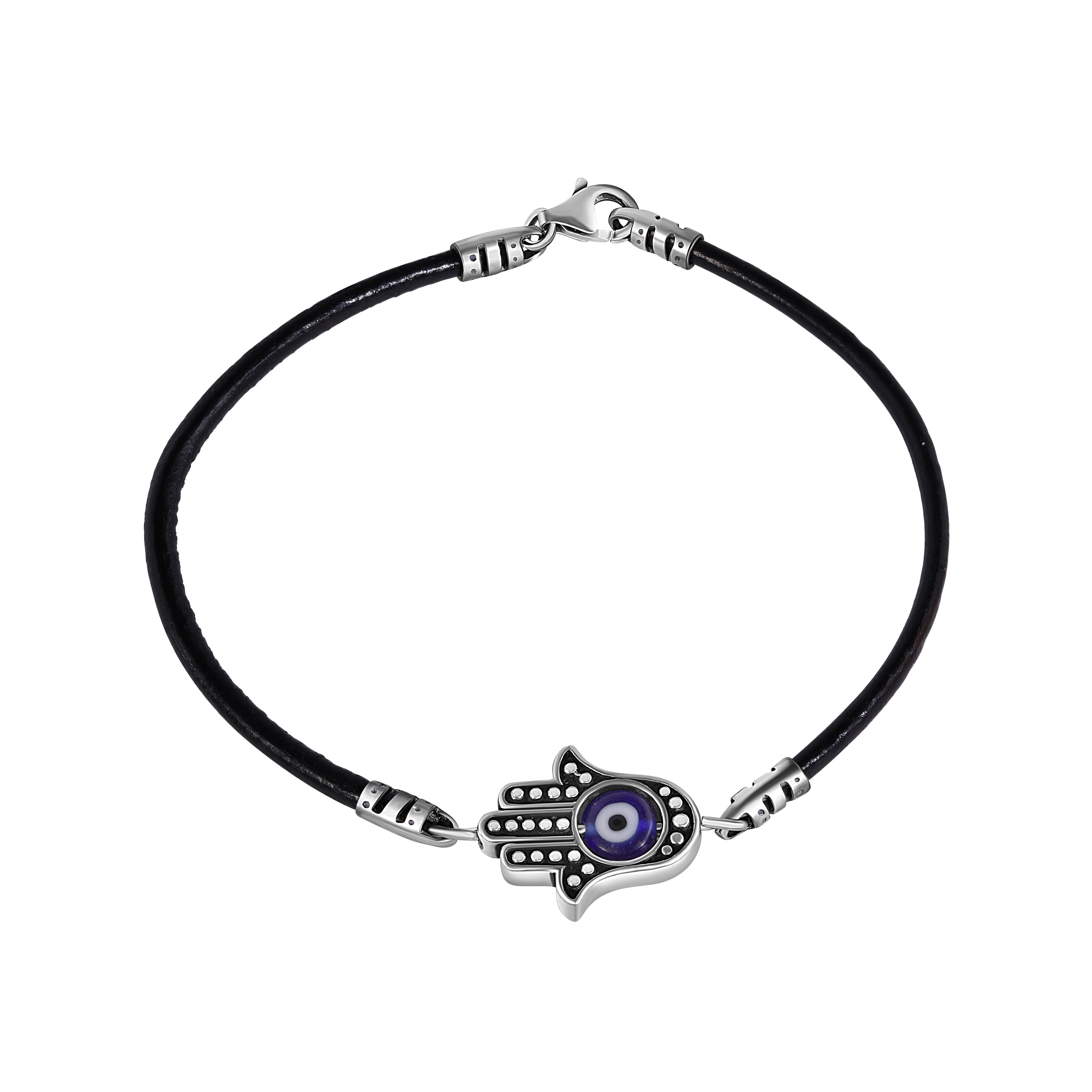 Silver 925 Oxidized Blue Evil Eye Hamsa Hand on a Leather Bracelet - OXB00008