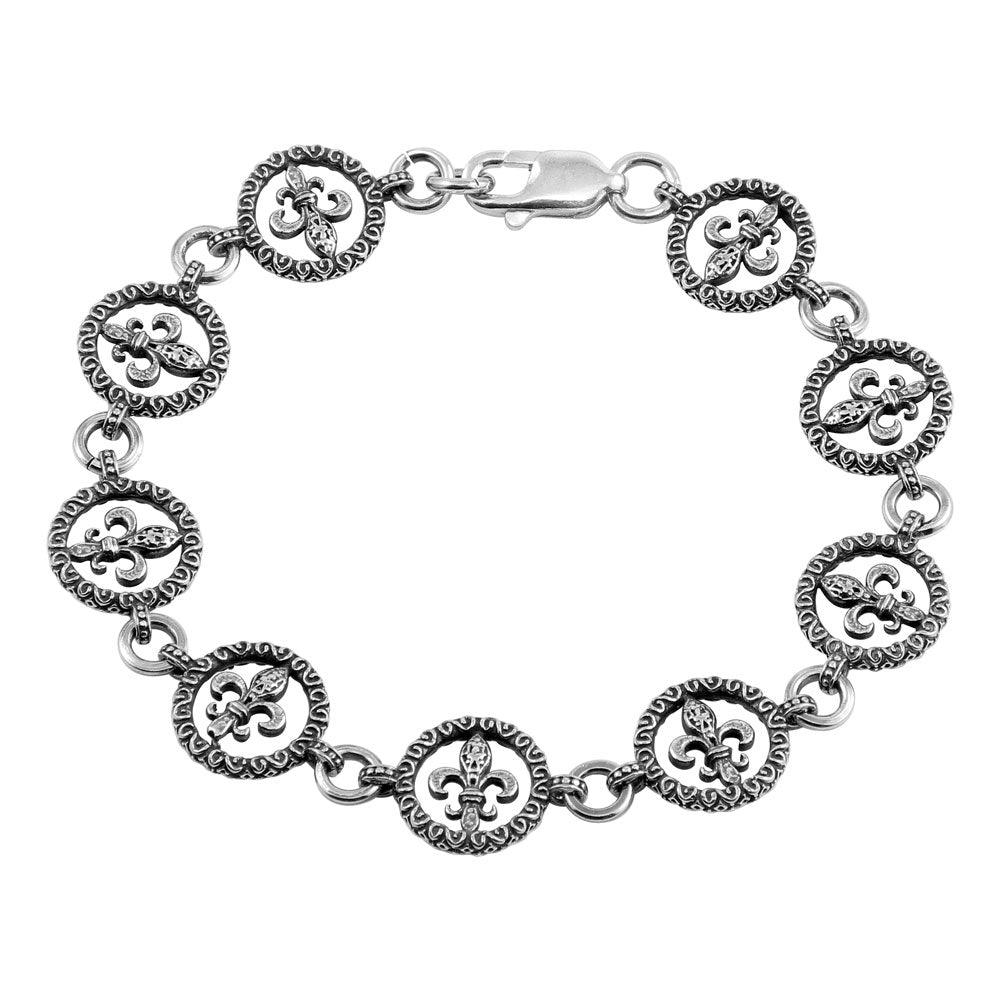 Closeout-Oxidized 925 Sterling Silver Open Disc Filigree Design Link Bracelet - OXB00013