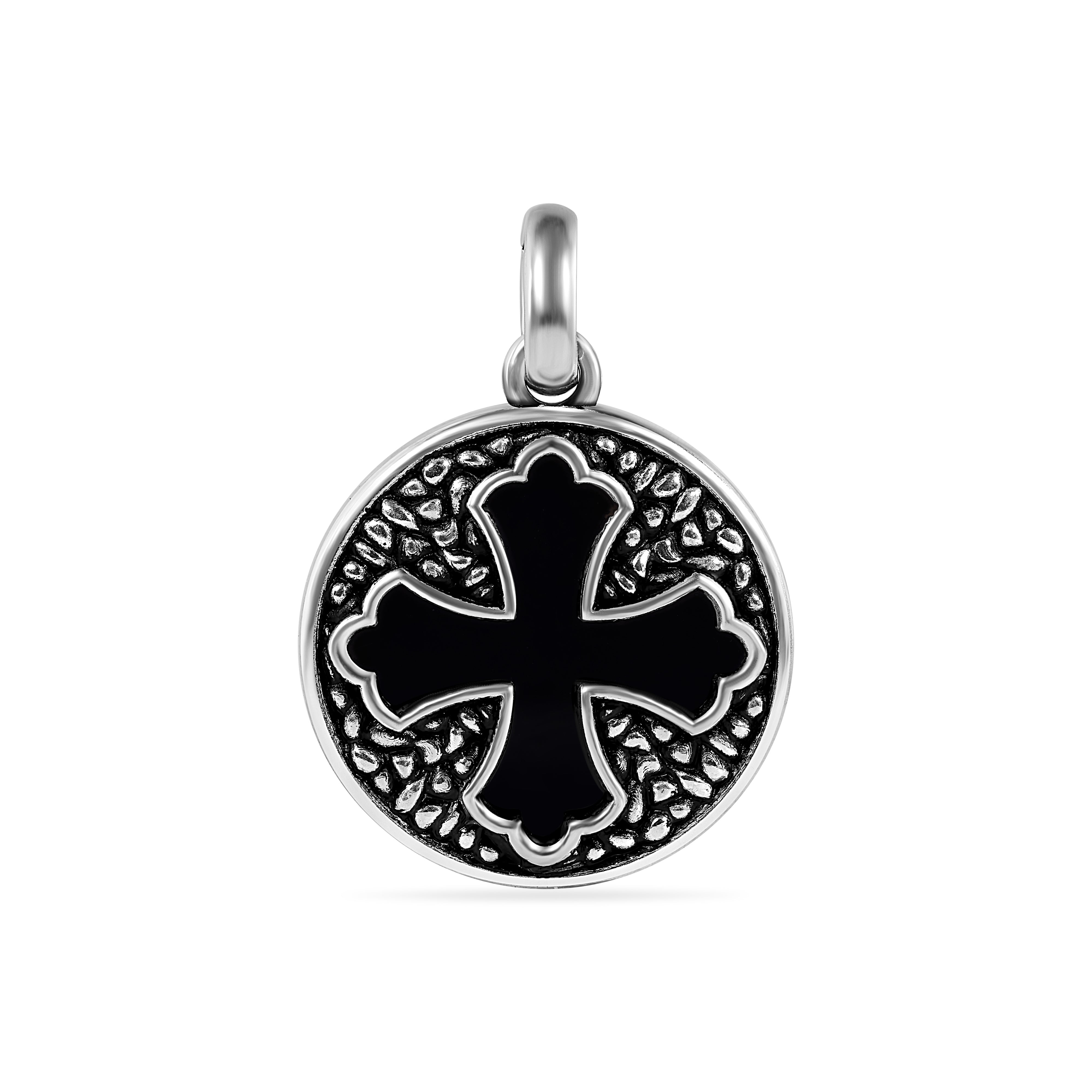 Oxidized 925 Sterling Silver Disc Black Stone Cross Patonce Pendant - OXP00002