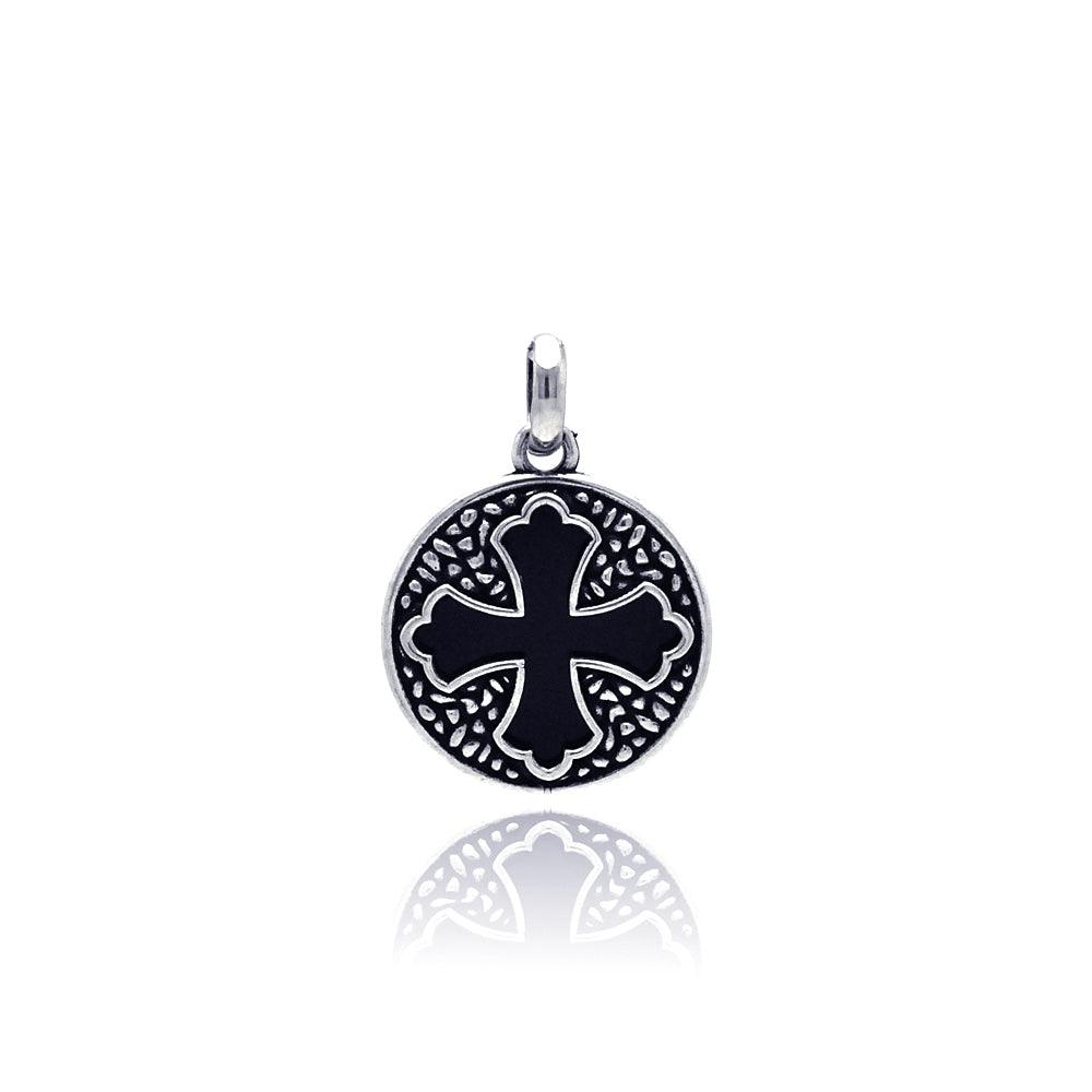 Oxidized 925 Sterling Silver Disc Black Stone Cross Patonce Pendant - OXP00002