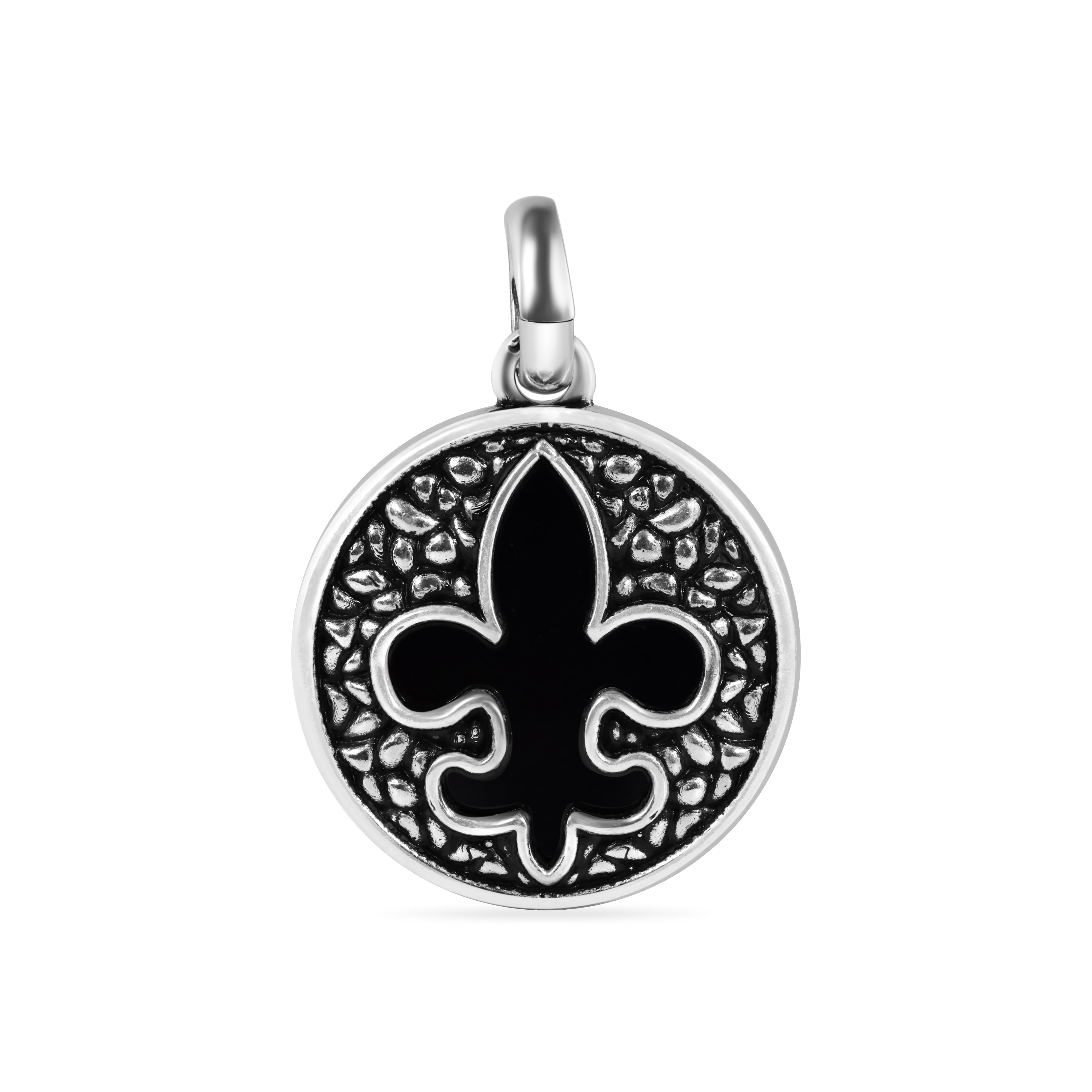 Oxidized 925 Sterling Silver Disc Black Stone Fleur De Lis Pendant - OXP00003