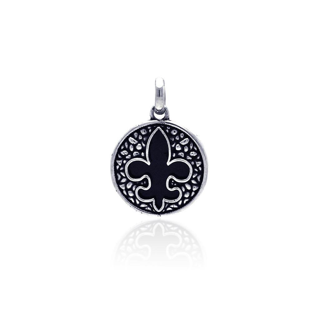 Oxidized 925 Sterling Silver Disc Black Stone Fleur De Lis Pendant - OXP00003