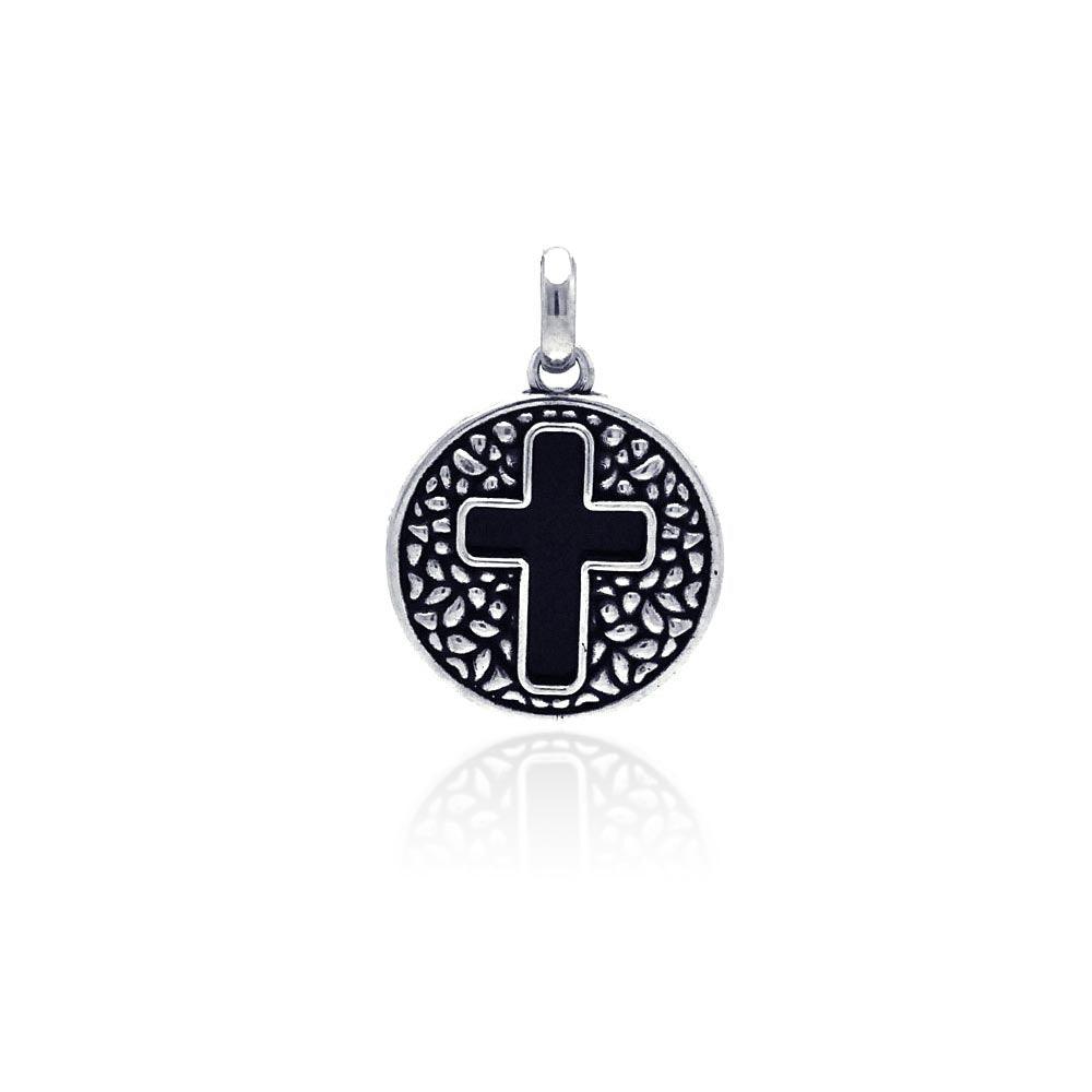 Oxidized 925 Sterling Silver Disc Black Stone Cross Pendant - OXP00005