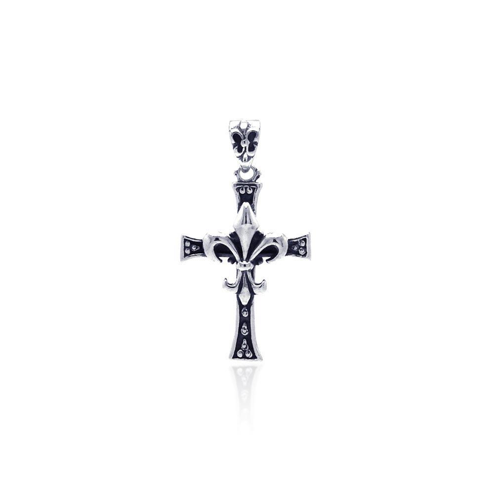 Oxidized 925 Sterling Silver Fleur De Lis Cross Pendant - OXP00014