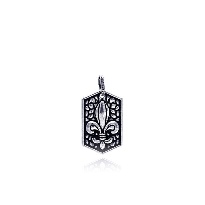 Oxidized 925 Sterling Silver Textured Fleur De Lis Dogtag Pendant - OXP00033