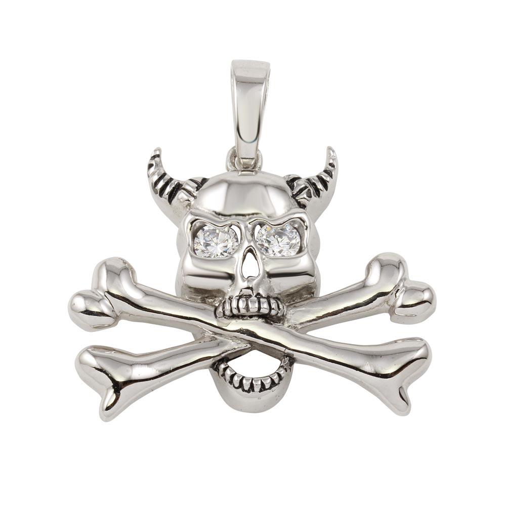 Closeout-High Polished 925 Sterling SilverSkull and Bones Pendant with CZ - P000005CLR