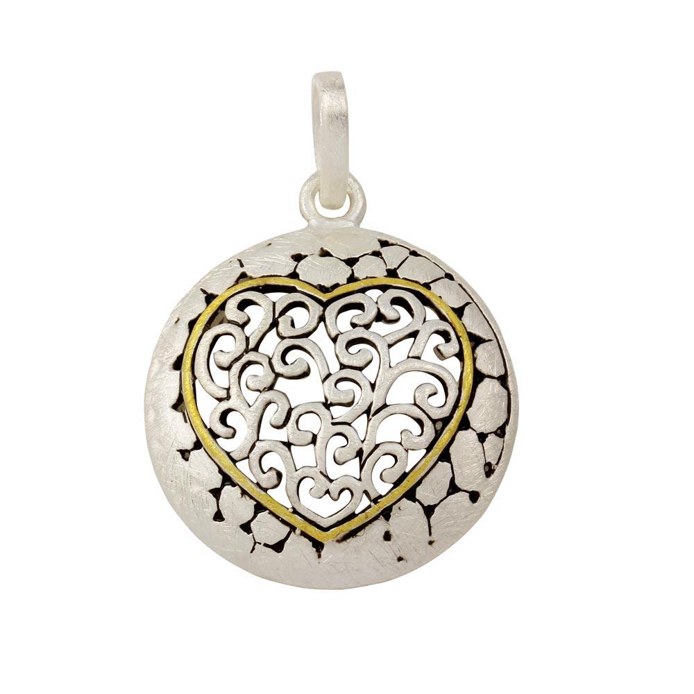 Sterling Silver Matte Finish Heart Center Filigree Disc Pendant - SPP00011