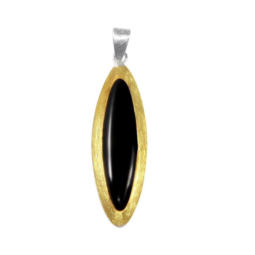 Gold Plated 925 Sterling Silver Matte Finish Cat Eye Shape Onyx Stone Pendant - SPP00008BLK