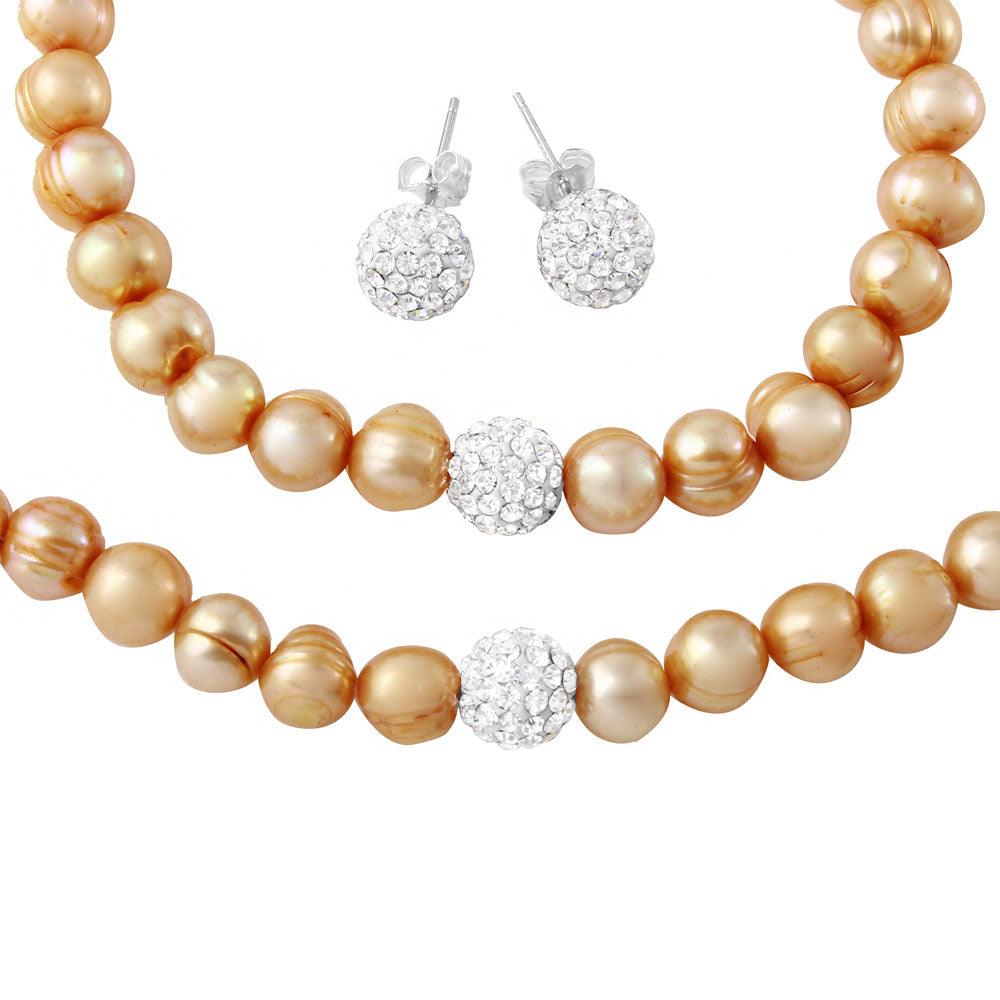 Fresh Water Champagne Pearl Set with CZ Encrusted Sterling Silver Beads - PJS00001CHP