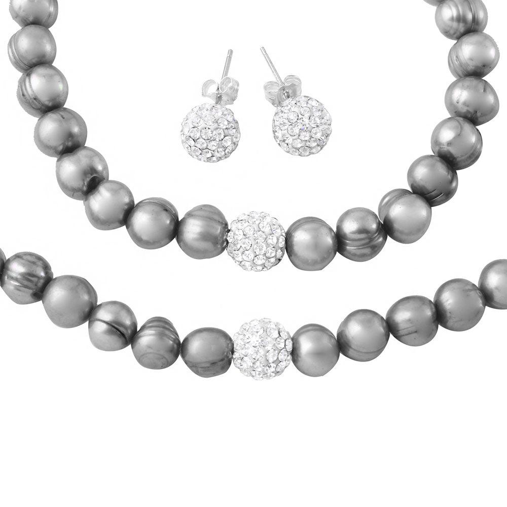 Fresh Water Grey Pearl Set with CZ Encrusted Sterling Silver Bead - PJS00001GRY