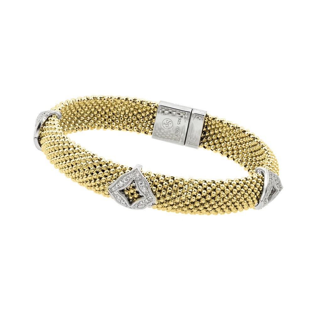 Closeout-Silver 925 Gold Plated Micro Pave Diagonal Square Clear CZ Beaded Italian Bracelet - PSB00004GP