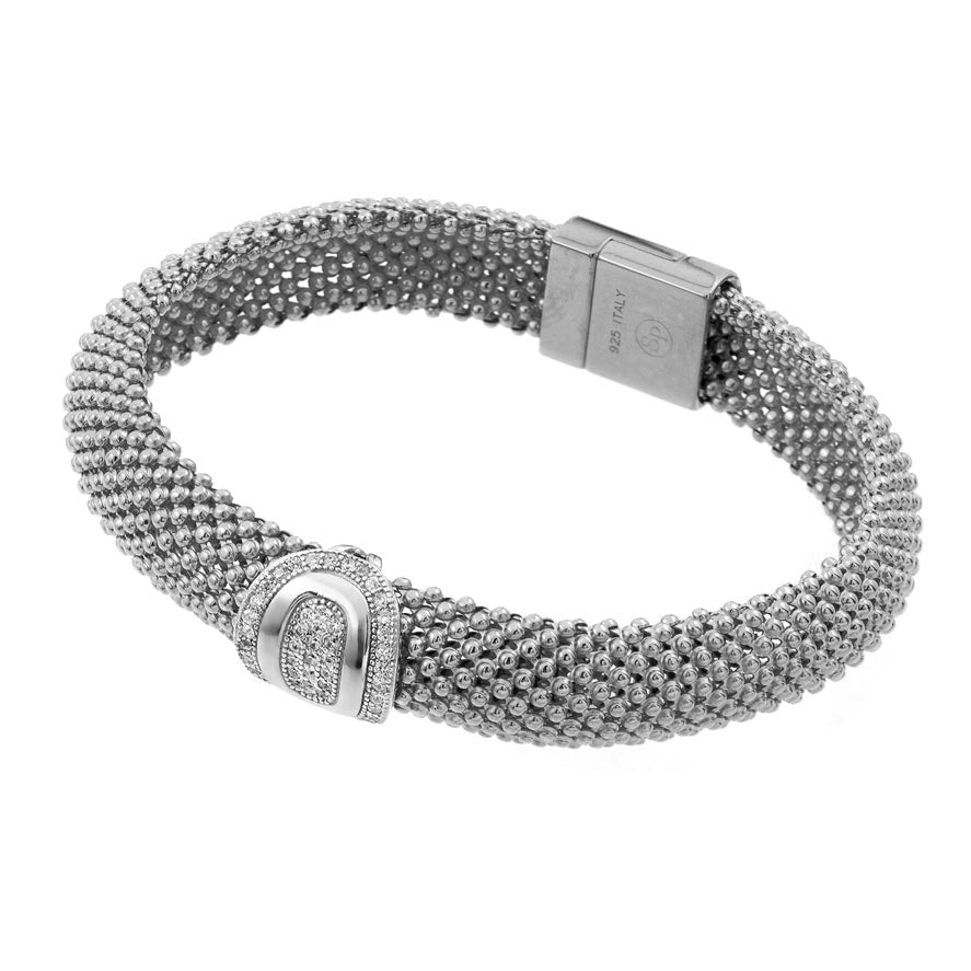 Silver 925 Rhodium Plated Oval Micro Pave Clear CZ Beaded Italian Bracelet - PSB000016RH