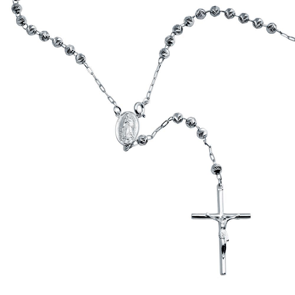 High Polished 925 Sterling Silver Diamond V-Cut Beads Rosary 4mm - RJP00001