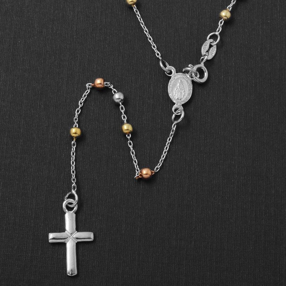 Silver 925 High Polished 3 Toned Rosary 3mm Large Cross - ROS10-3MM