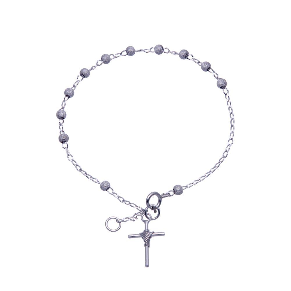 Silver 925 Matte Finish Rhodium Plated Glittered Beads Rosary Bracelet 3mm - RSB04RH-3MM