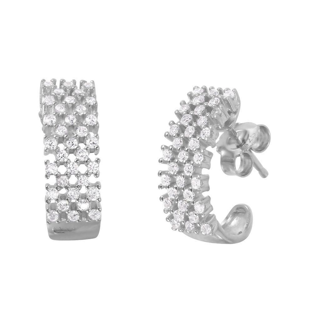 Silver 925 Rhodium Plated Checkered CZ Semi-huggie hoop Earrings - ACE00082RH