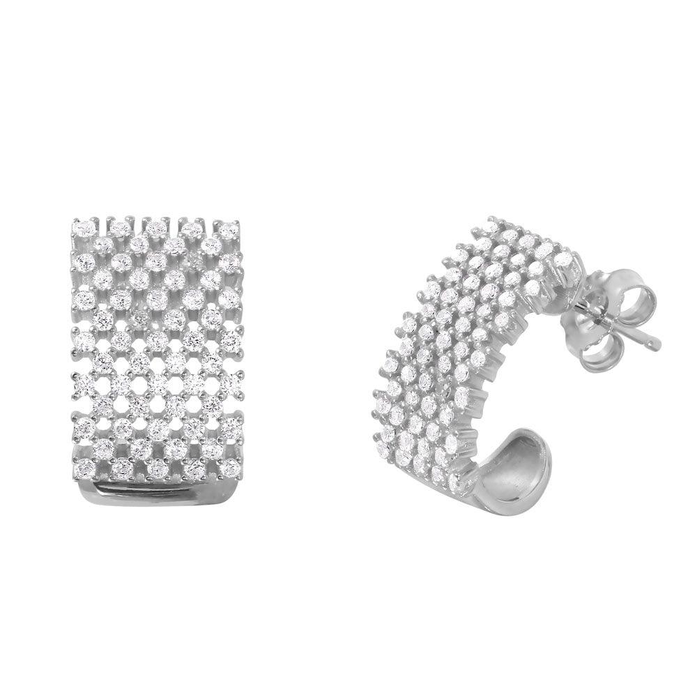 Silver 925 Rhodium Plated Thick Checkered CZ Semi-huggie hoops Earrings - ACE00083RH