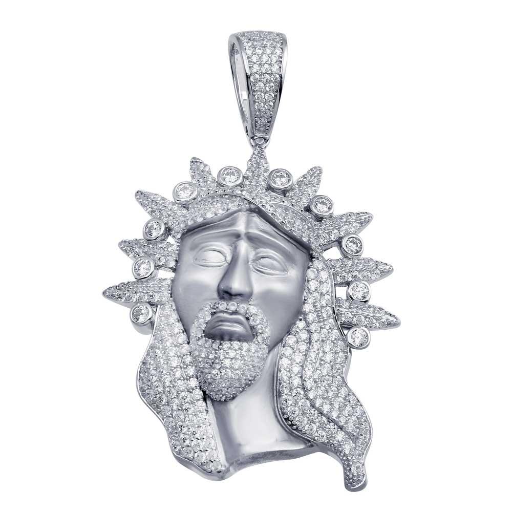 Rhodium Plated 925 Sterling Silver CZ Jesus Piece Hip Hop Pendant - SLP00003