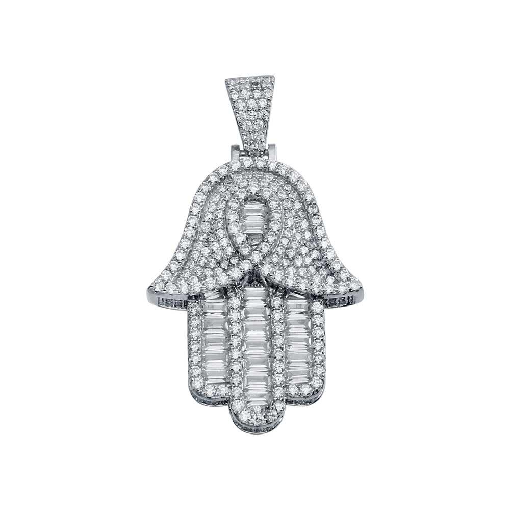 Rhodium Plated 925 Sterling Silver CZ Hamsa Hip Hop Pendant - SLP00005