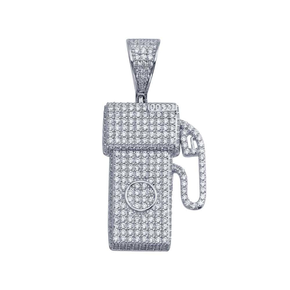 Rhodium Plated 925 Sterling Silver CZ Gas Pump Hip Hop Pendant - SLP00006