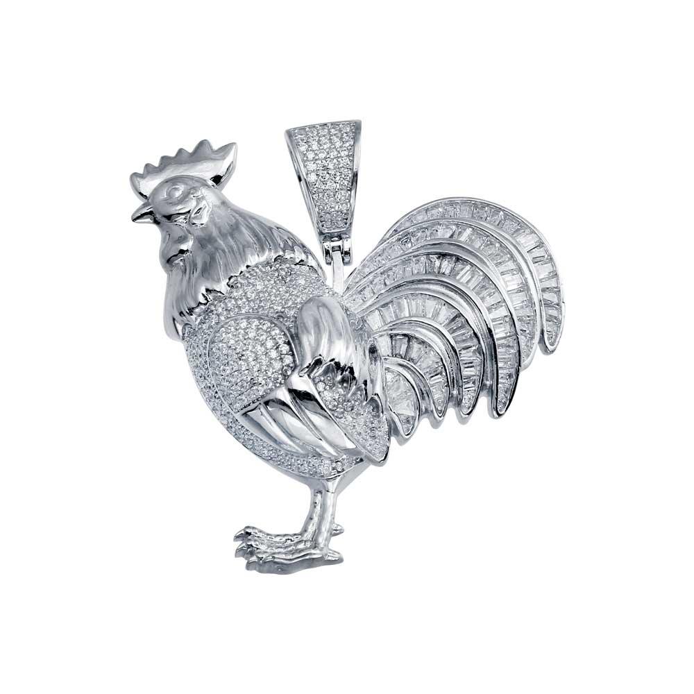 Rhodium Plated 925 Sterling Silver CZ Rooster Hip Hop Pendant - SLP00007