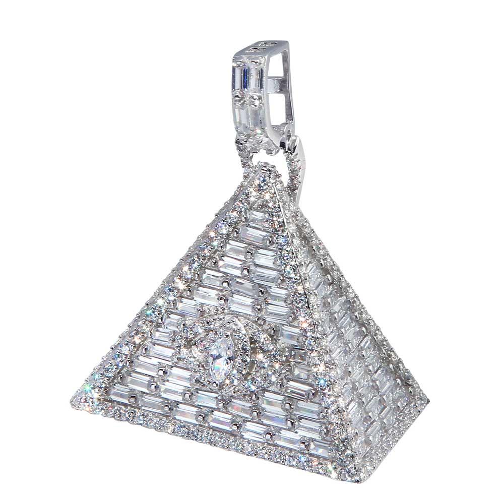 Rhodium Plated 925 Sterling Silver Illuminati Triangle Hip Hop Pendant - SLP00011