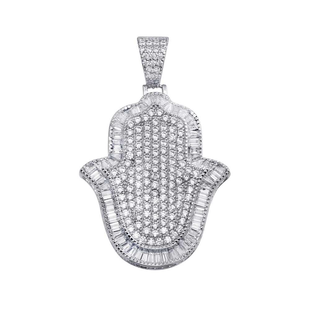 Rhodium Plated 925 Sterling Silver Hamsa Hand Hip Hop Pendant - SLP00014